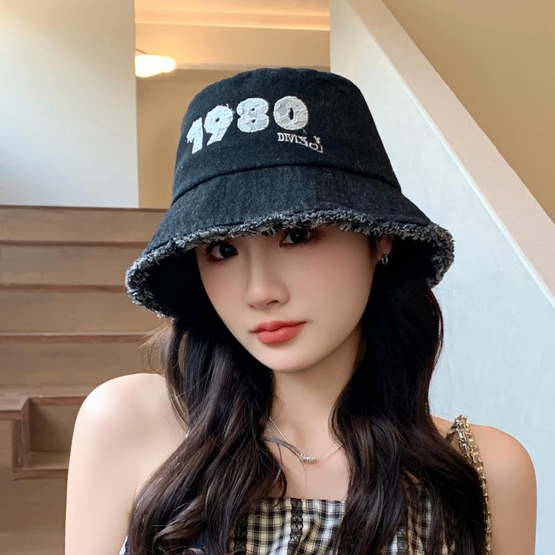 Hat women's new bucket hat denim sun hat face cover versatile letter fashion sunscreen hat