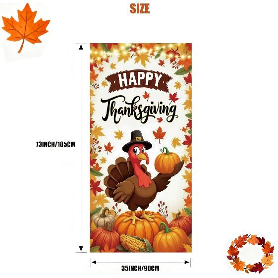 Happy Thanksgiving Door Cover 72.8" X 35.4", Fall Harvest Turkey Pumpkin Door Banner with String Lights Design, Autumn Leaves Outdoor Porch