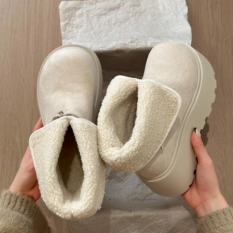 

Winter Chunky Platform Heel Women Fur Snow Boots Concise Height Increase Slip On Shoes Ladies Comfort Warm Cotton Short Booties 35 бежевий