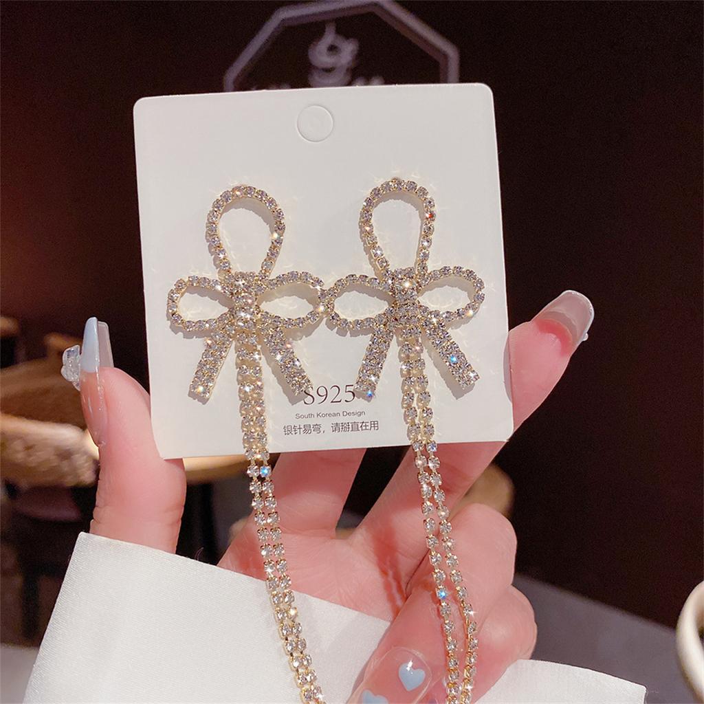 925 Silver Needle Exquisite Bow Light Luxury Pearl Earrings Simple High-end Earrings Temperament Long Tassel Earrings