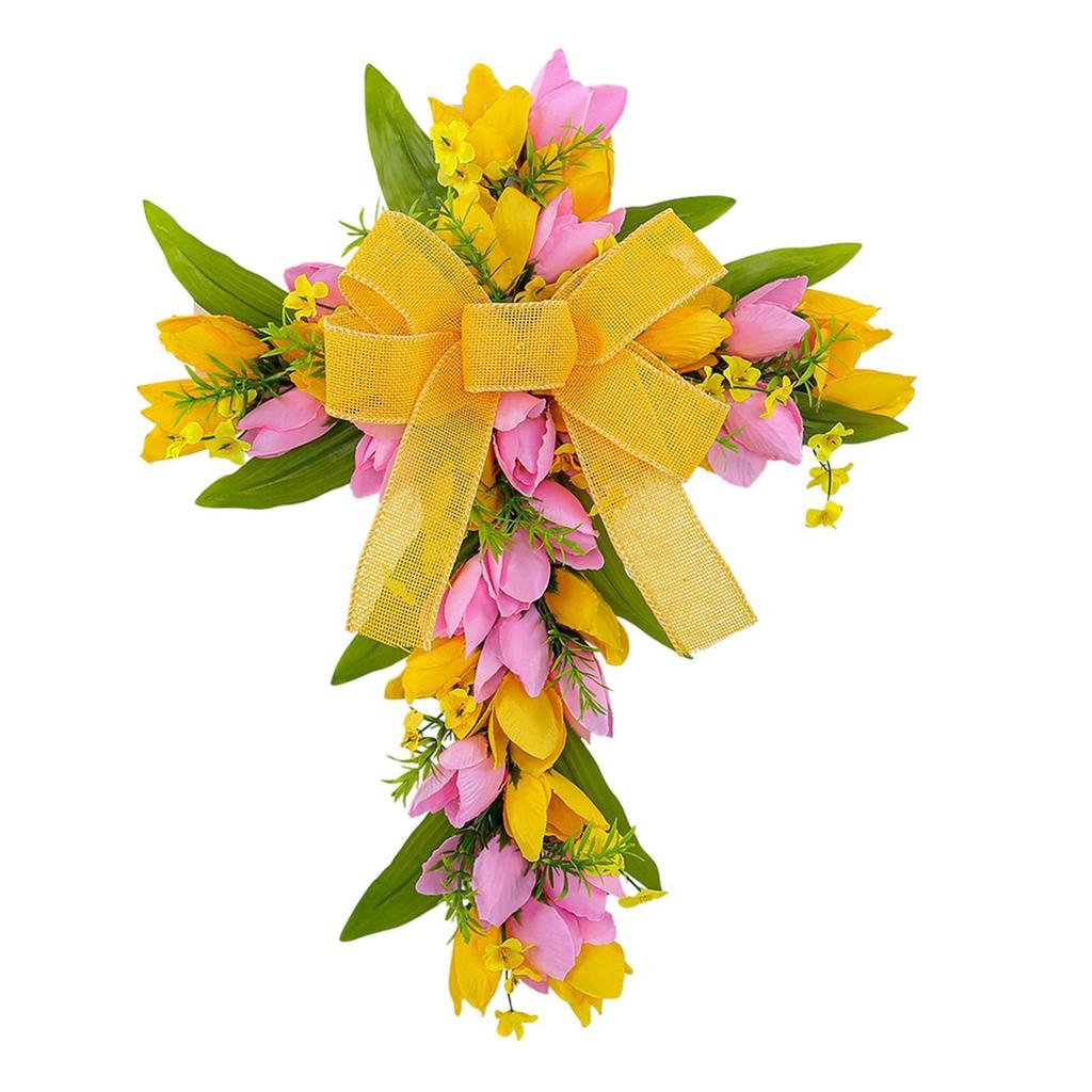 Artificial Flower Wreath Garland Hanger Easter Cross Wreath Tulip Door Wreath for Festival Front Door Indoor Window Housewarming
