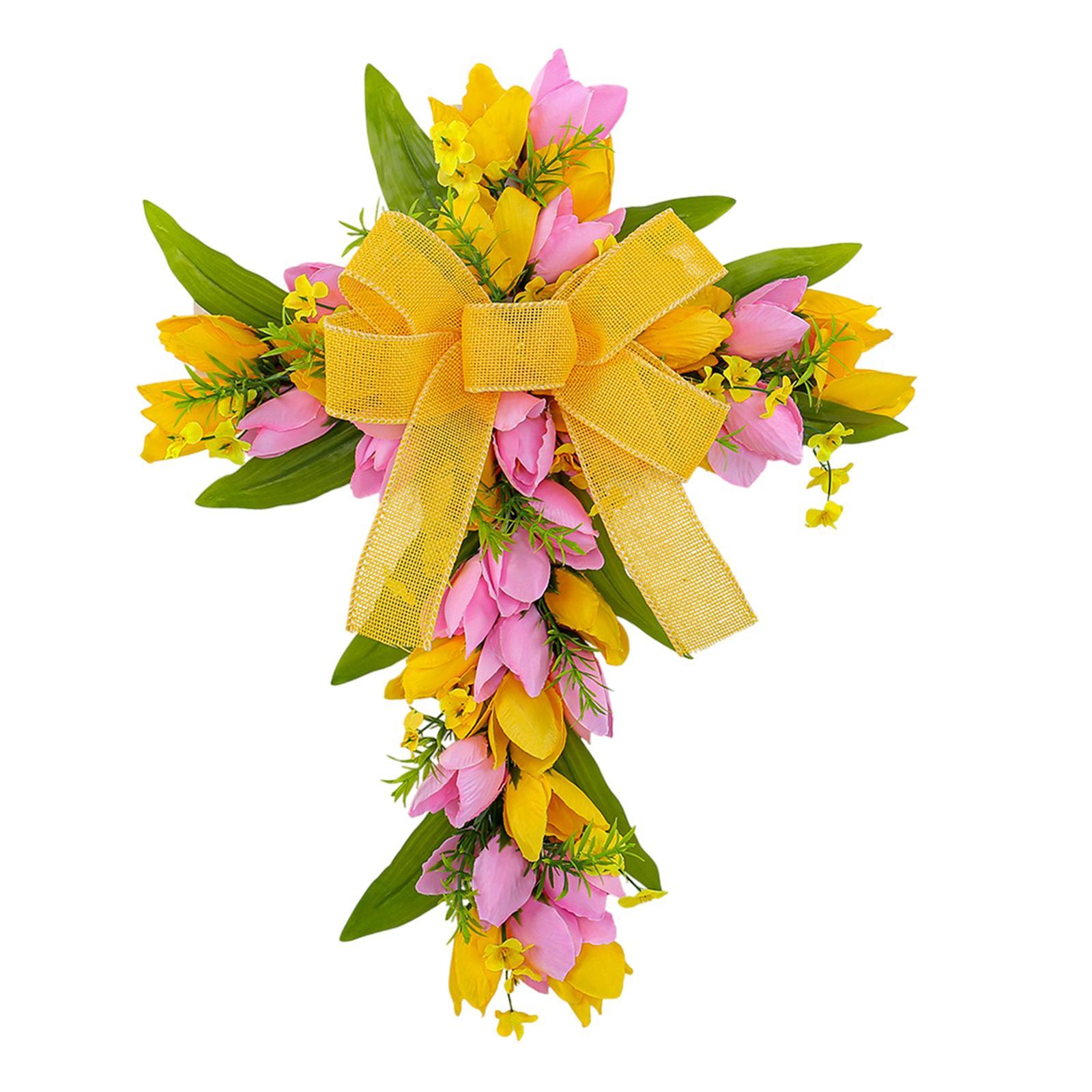 

Artificial Flower Wreath Garland Hanger Easter Cross Wreath Tulip Door Wreath for Festival Front Door Indoor Window Housewarming