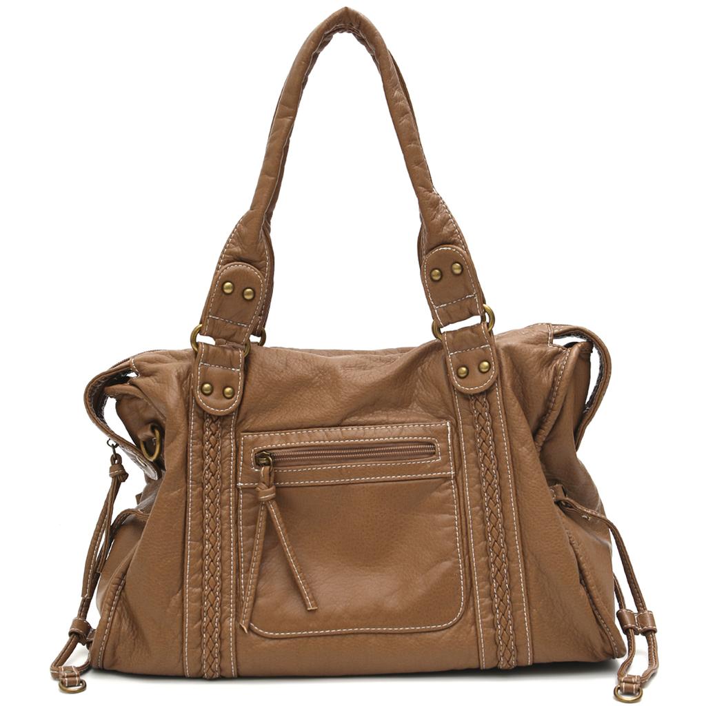 Vintage Washed PU Leather Large Capacity Tote Zip Pockets Braid Decor Shoulder Cross body Bag Unisex Women Daily Travel Handbag