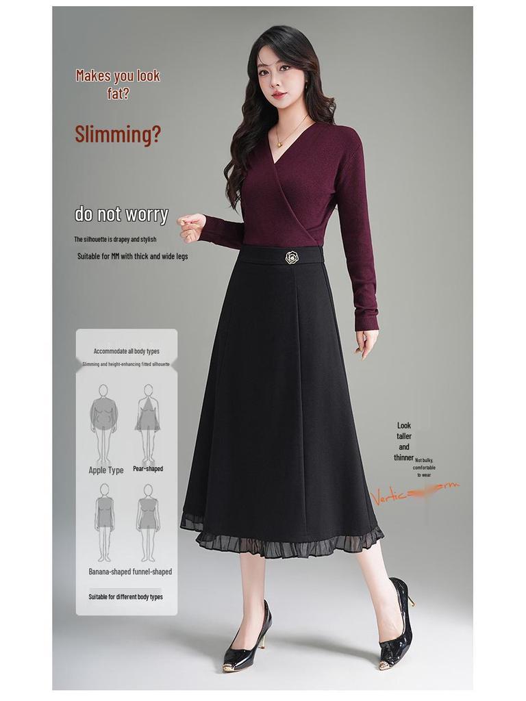 2026 Spring Elegant High Waist A-Line Midi Skirt with Wood Ear Lace Patchwork