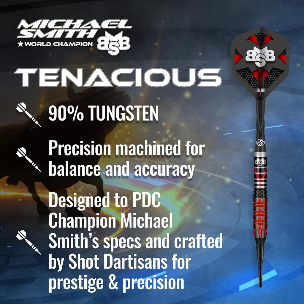 Michael Smith Tenacious Front Weight Tungsten Pro Throwing Darts Soft Tip Set, professionell hergestellt, neuseeländisches Design, Dart Flight für Frauen und Männer, Kunststoff