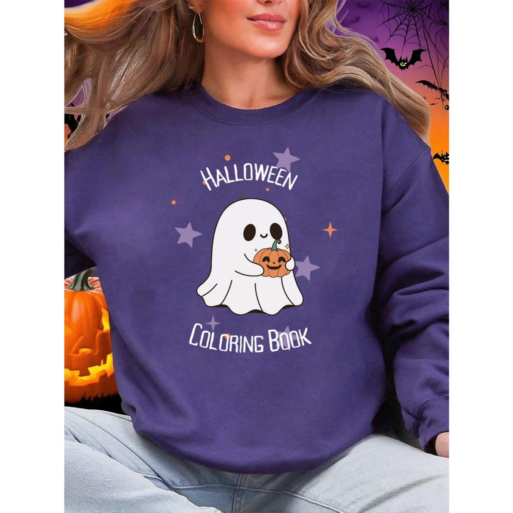 Halloween Coloring Book Printing Sweatshirts Women Winter Fleece Warm Hoodie O-Neck Loose Pullover Basics Sporty Womans Clothes