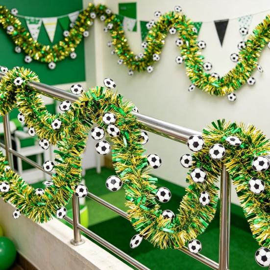 78.7" Soccer Tinsel Garland, Green And Gold Football Party Decoration with Soccer Cutouts for Event, Fan Cheering, Sports Birthday Party Supplies