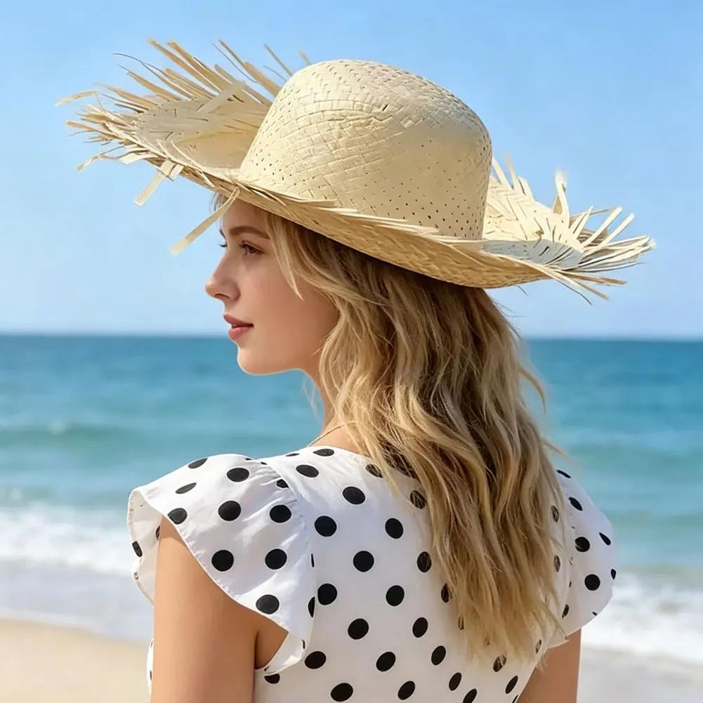 Hand Woven Straw Sun Hat Wide Brim UV Protection Travel Outdoor Hat Lightweight Breathable Sun Visor Hat Summer Travel Headwear