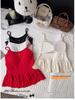 Women's Polka Dot U-Neck Button Strap Tank Top with Subtle Ruffles and Chest Pads - Slim Fit for Spring/Summer