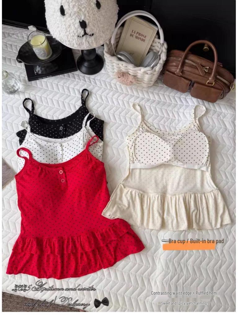 Women's Polka Dot U-Neck Button Strap Tank Top with Subtle Ruffles and Chest Pads - Slim Fit for Spring/Summer