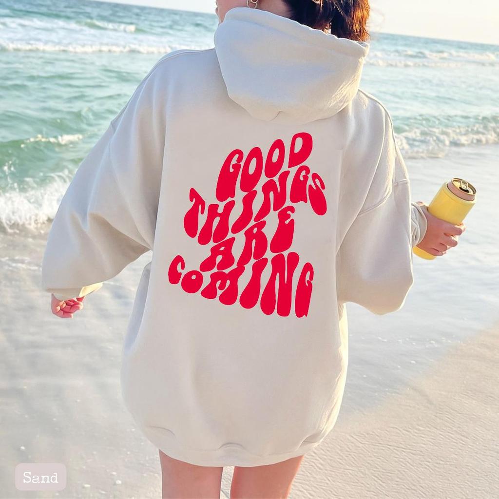 GOOD THINGS ARE COMING Women's Velvet Hoodie Solid Color Letter Printed Kangaroo Pocket Drawstring Printed Hoodie