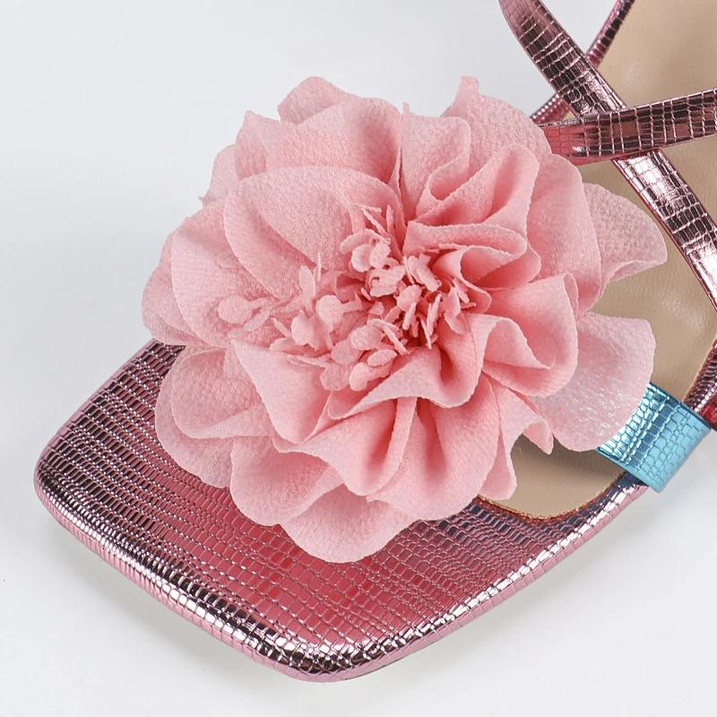 Elegant Pink Flower Decoration Heeled Sandals Women Fashion Square Toe Narrow Band Brand Designer Heels Sexy Banquet Party Shoes