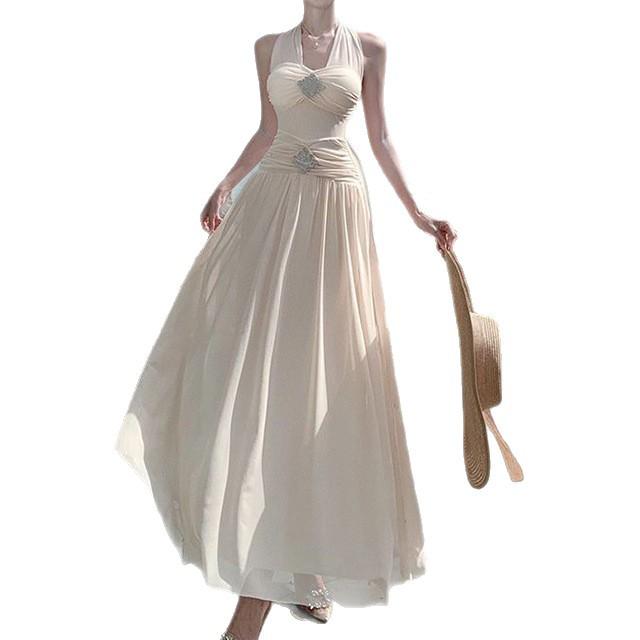 French neck close waist and thin V-neck seaside vacation dress, sexy pure desire style long high-end waist pinch skirt