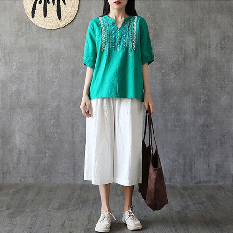 Simple Embroidery Loose Artistic Small V-neck Bamboo Knot Cotton Top Women's Summer Versatile Retro Cotton Linen Short Sleeved T-shirt