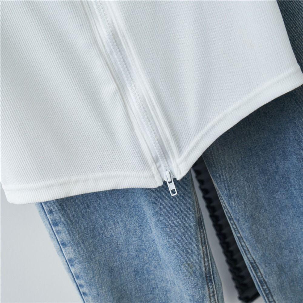 Loose Double Zipper T-shirt Square Neck Crop Tees for Women Fashion Short Sleeved T Shirts  Summer