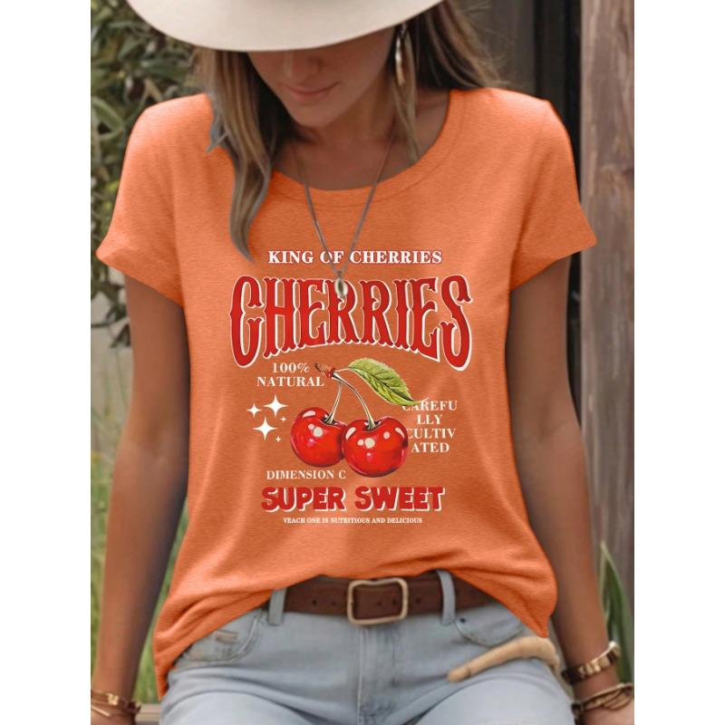 Damen Modisches Kurzarm Kirsch Sommer T-Shirt Top
