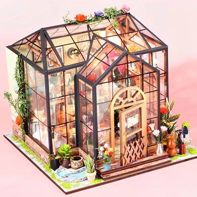 DIY Miniature House Kit 3D Garden Wooden Puzzle Building with LED Light Decor Hand Miniature Dollhouse Material Assemble Gift for Kids