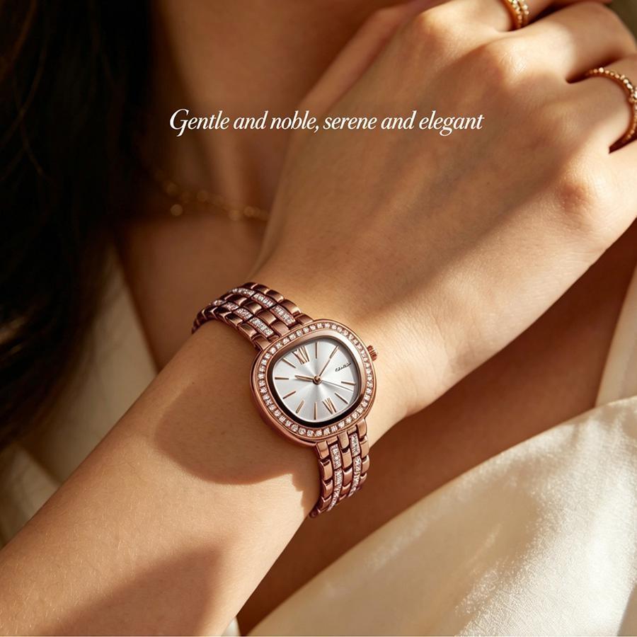 Womens Elegant Rhinestone Wrist Watch Waterproof Classic Roman Dial Ladies Dress Watch Alloy Strap