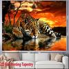 2D Flat, Leopard Sunset Reflection Water Jungle Tapestry Wall Hanging For Living Room Bedroom Decor Wild Animal Nature Art Print