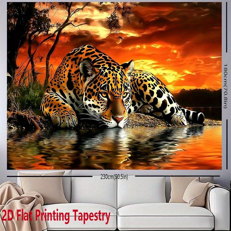 2D Flat, Leopard Sunset Reflection Water Jungle Tapestry Wall Hanging For Living Room Bedroom Decor Wild Animal Nature Art Print