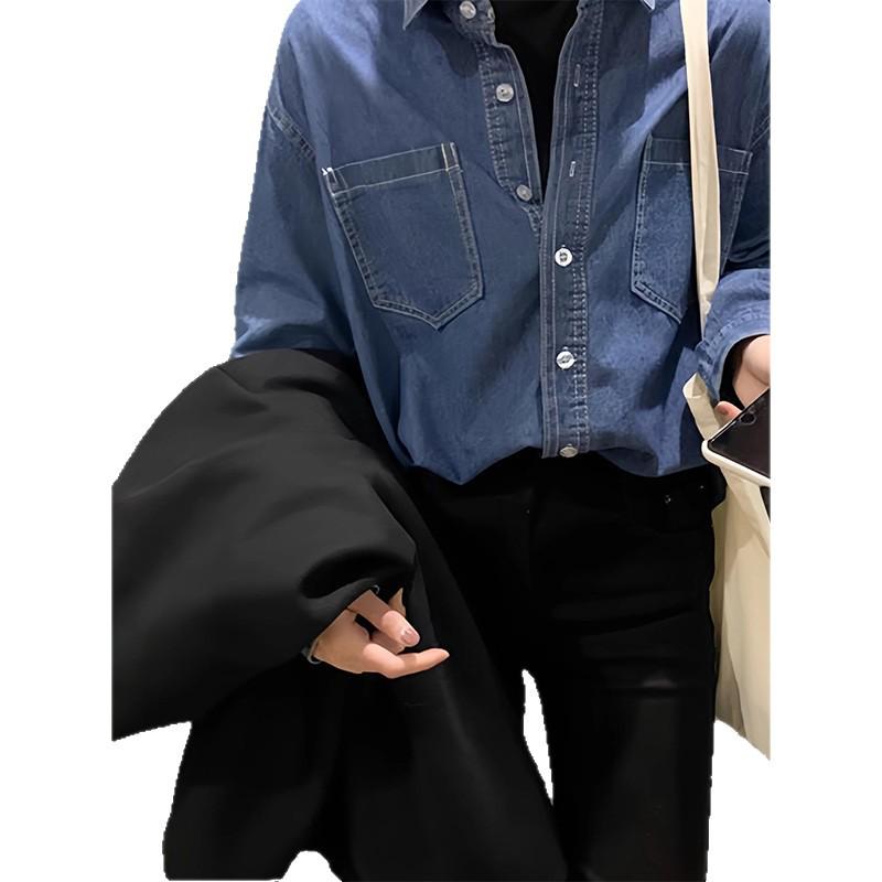 Retro Blue Women's Denim Shirt - Loose Layered Spring/Summer Top