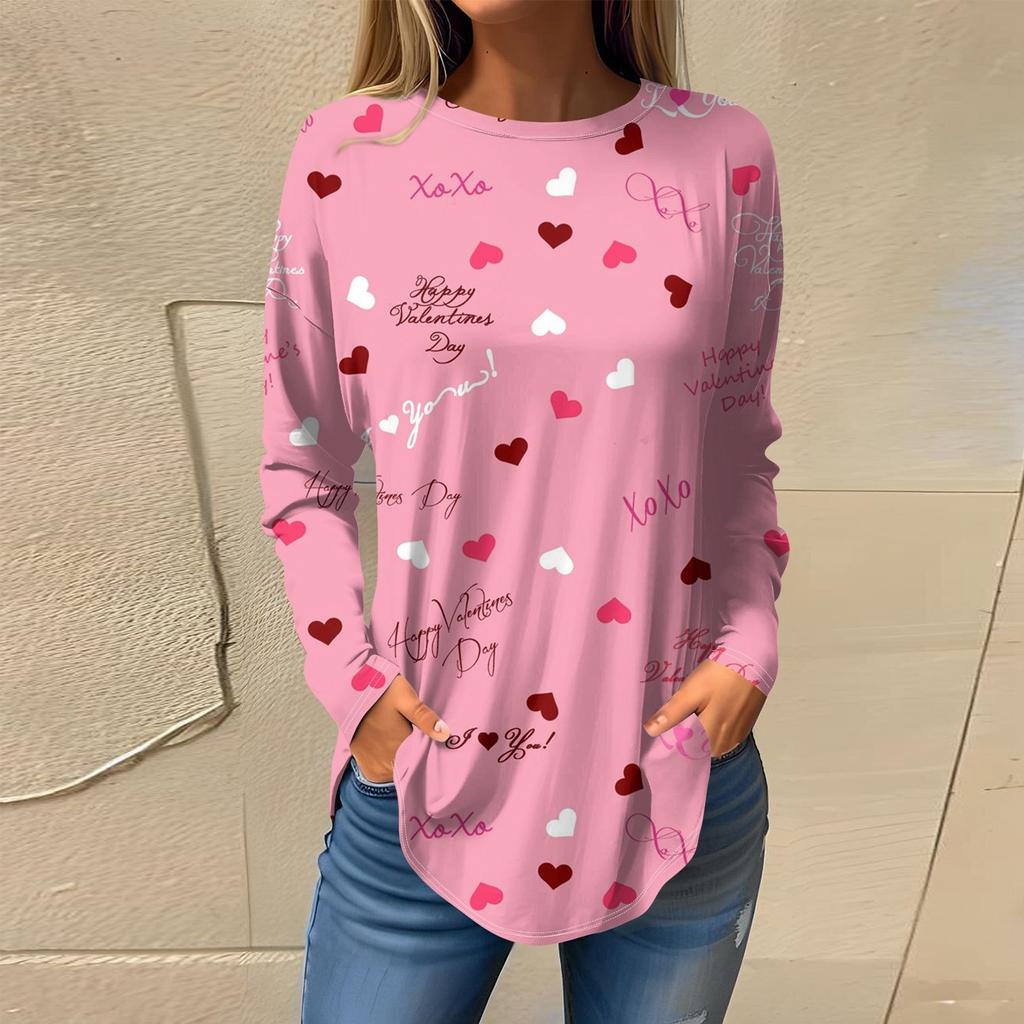 Tee Shirts For Women Fall Casual Long Sleeve Shirts Sweatshirt Vintage Graphic Printing Top Pullover Valentine's Day