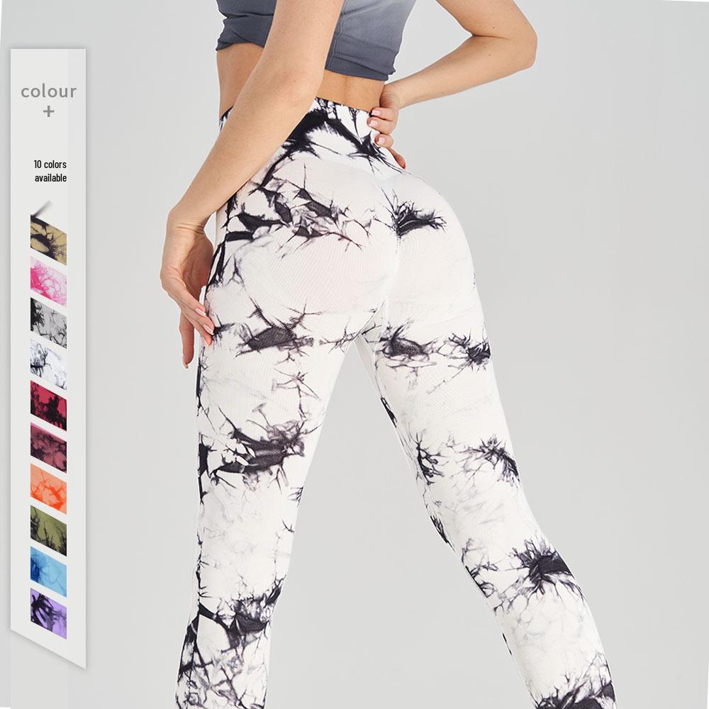 Bezešvé legíny na jógu s vysokým pasem a batikou - Zeštíhlující, design broskvového pozadí, vysoká elasticita, trendy fitness kalhoty.