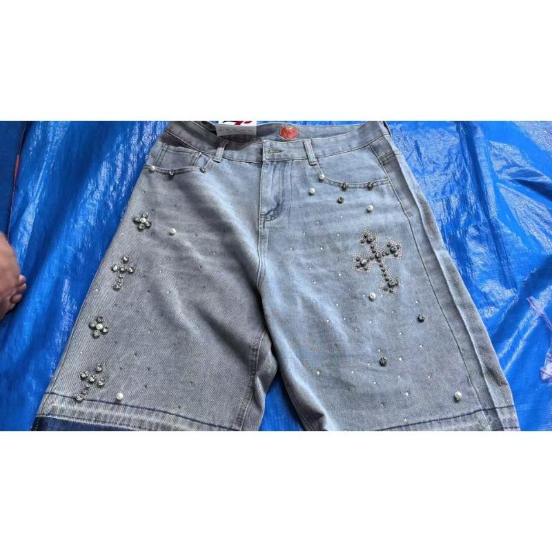 High Street Hip Hop Rhinestone Cross Straight Denim Knee Length Shorts