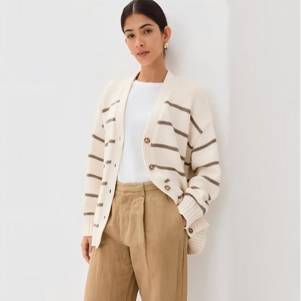 

Vintage V-neck black white striped knitted cardigan women s autumn winter contrasting colors oversized sweater lazy coats women L