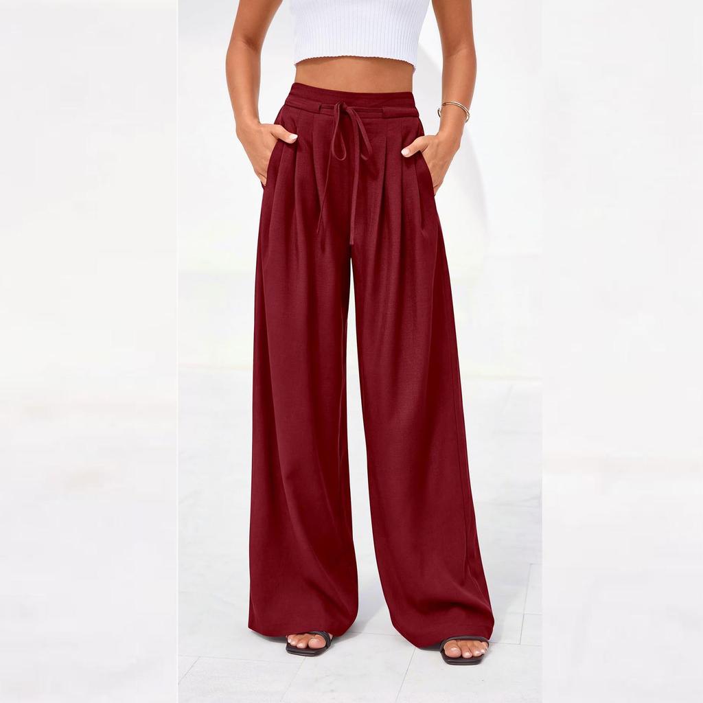 Women's Casual Pleated Wide Leg Pants with Pockets Elastic Waist Drawstring Loose Fit Trousers for Daily Wear