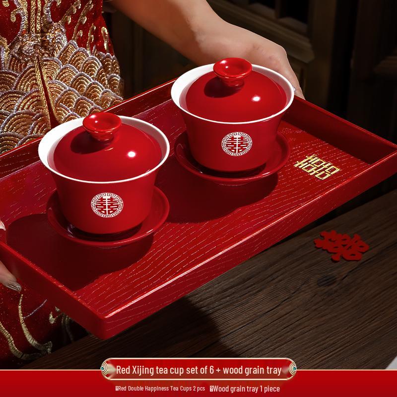 Festive Red Wedding Tea Set: Lidded Bowls, Tea Cups, and Chopsticks