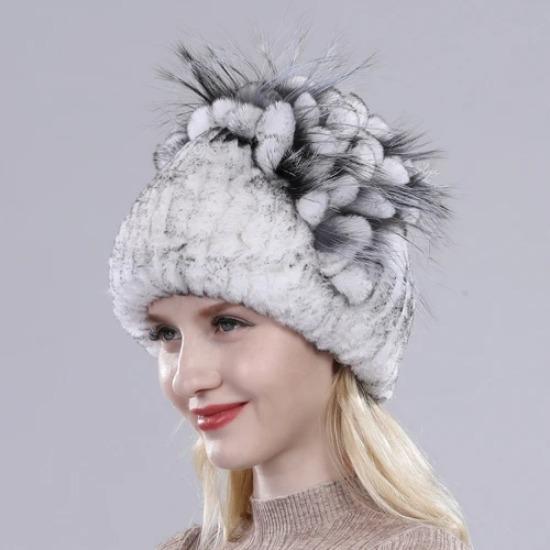 Brand Women Genuine Rex Rabbit Fur Hats Winter Rex Rabbit Fur Beanies Striped Top Flower Fox Fur Warm Real Fur Knit Caps
