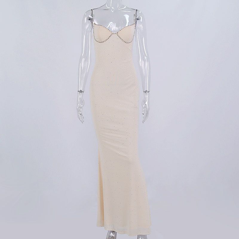 

Fashion Style Women s New Personality Mesh Rhinestone Sling Dress Elegant Sexy Silm Fishtail Gown Long Dress Apricot color L