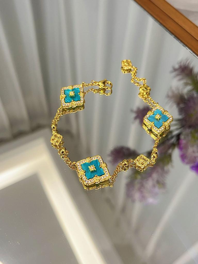 Italienisches Gebürstetes Wasserwellen Blaues Halsketten Armband Set Vielseitige Retro Hof Vierblättriges Kleeblatt Ohrringe