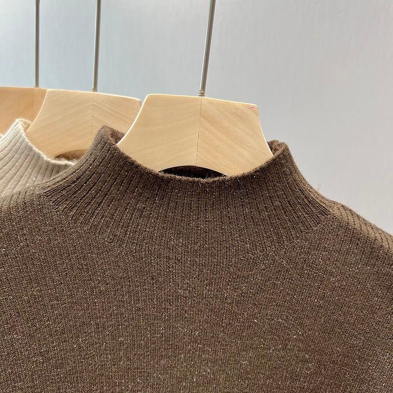 Women Solid Bright Fleece Warm Sweaters Casual Slim-fit Elegant Pullovers Half Turtleneck Long Sleeve Knitwear Jumpers