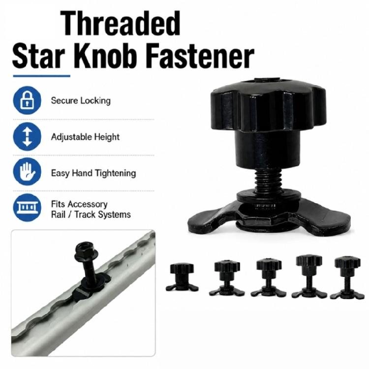 Roof Rack Adjustment Fastener Kit with Threaded Star Knob Hardware, Metal 4 Piece Set for Replacement Mounting Tasks