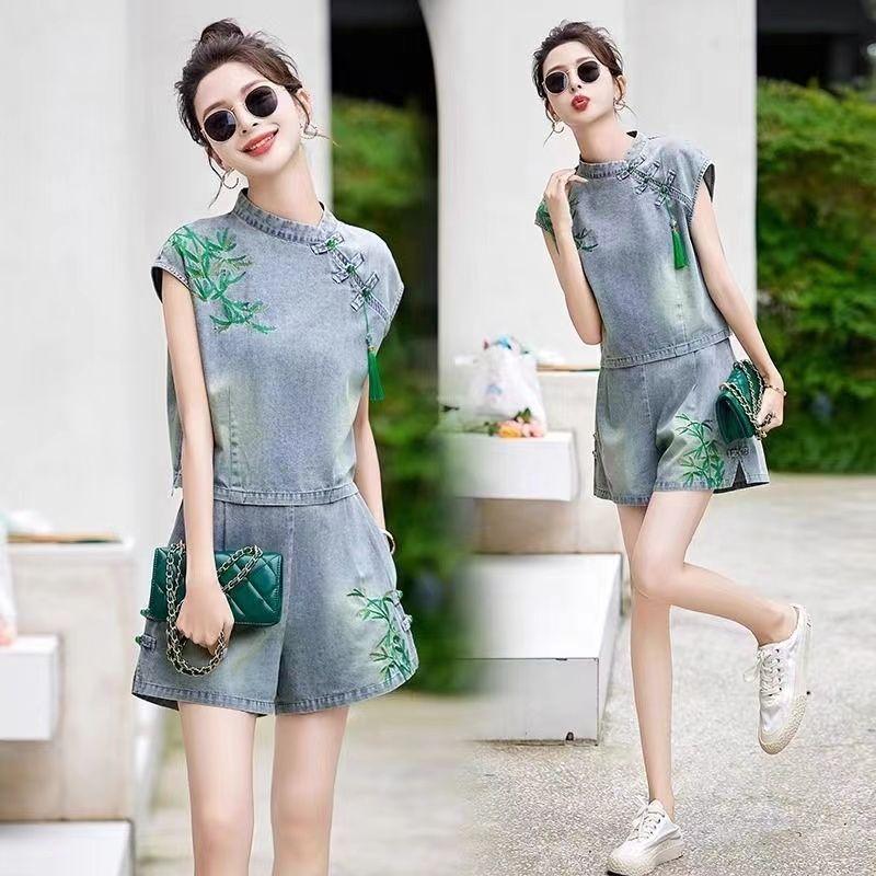 Summer Women Denim Two Piece Set Vintage Embroidered Wide Leg Shorts Chinese Fashion