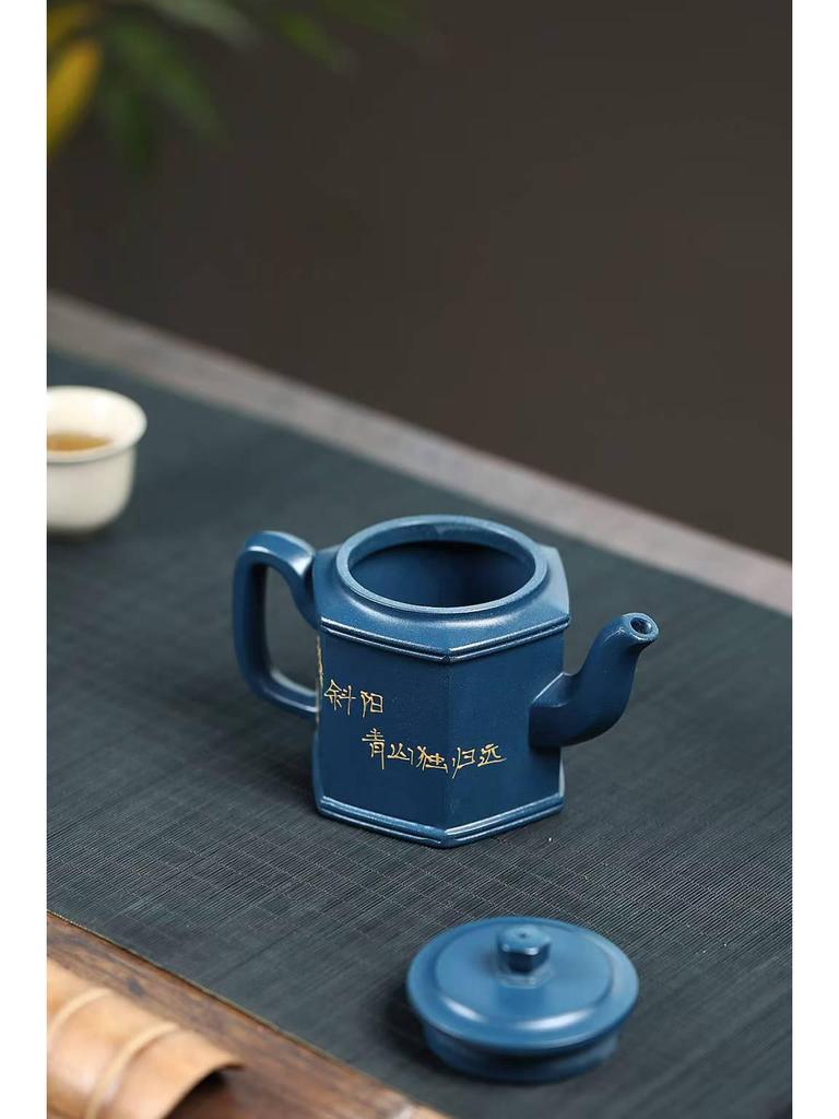 Authentic Yixing Zisha Palace Lantern Teapot: Aged Sky Blue Clay, Green Mountain Setting, High-End Tea Set