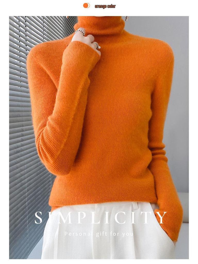 Damski sweter ze 100% wełny z wysokim dekoltem, dopasowany krój - Rozciągliwy kaszmirowy pulower na jesień/zimę
