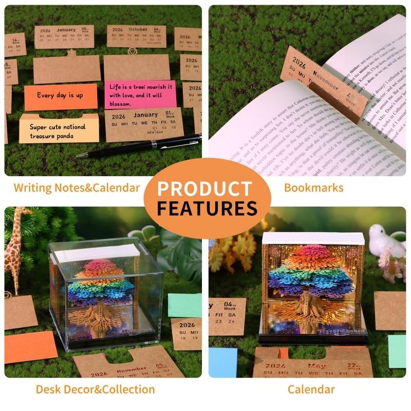 Time Piece Calendar 2026 Desk Calendar With LED Light 3D Tear-Away Calendar Paper Carving Art Memo Pad Notepad Gift Christmas