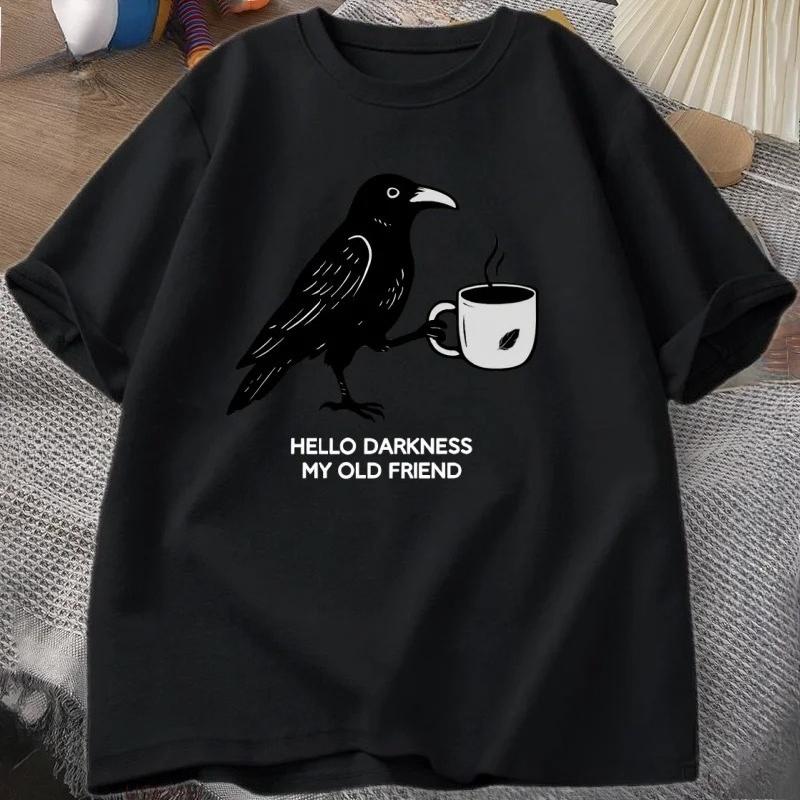 Vintage Crow Coffee T Shirt Halloween TShirt Fall Tee Women Unisex Tops Creative Crew Neck Tees Short Sleeve Loose TShirt Tops