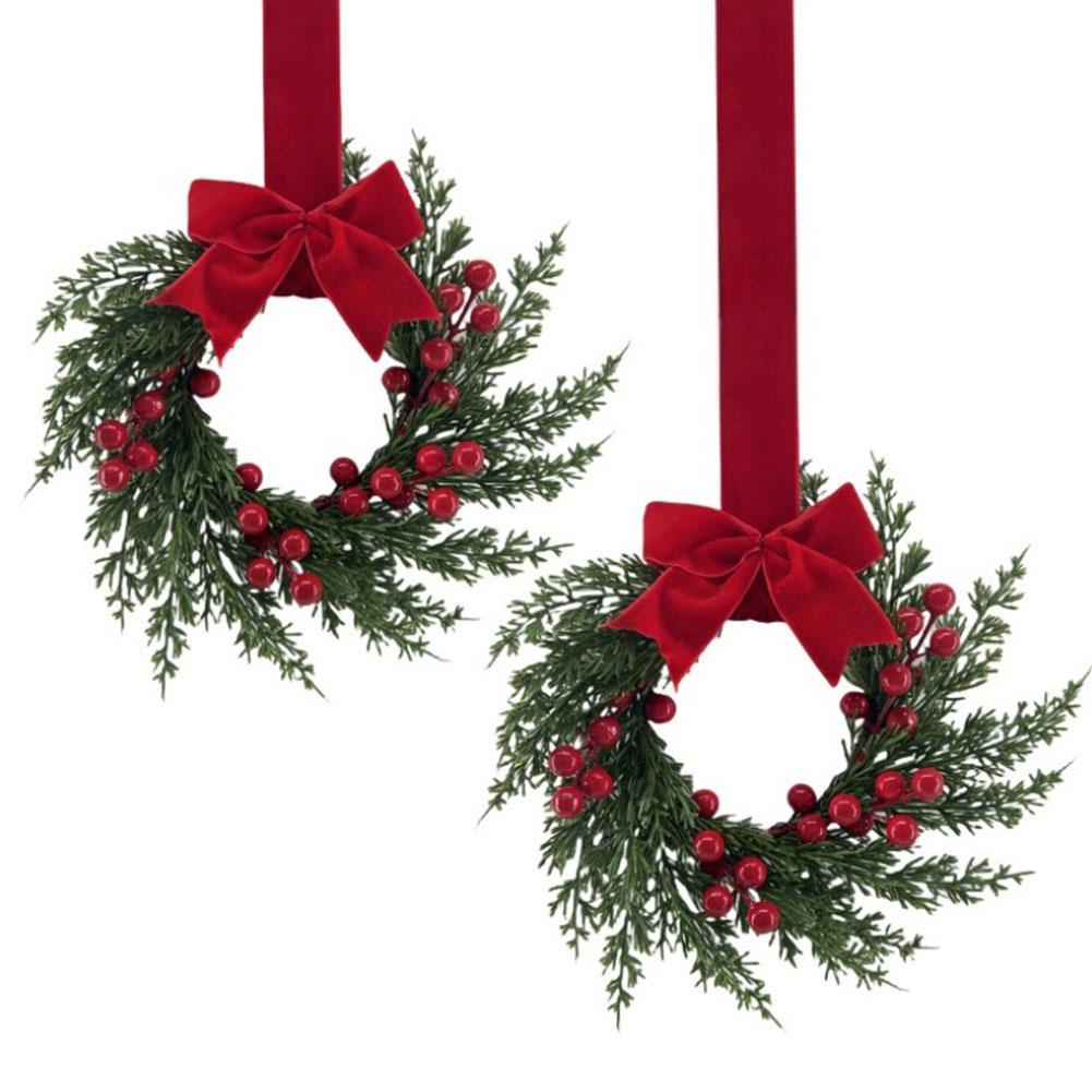1/2/4Pcs Christmas Mini Wreaths Window Decorations Ribbon Bows Red Fruits Christmas Nee Year Party Home Decorations Ornament