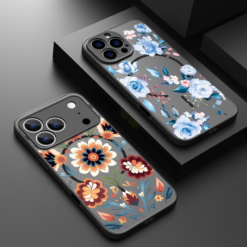 Translucent Matte Magnetic Phone Case For iPhone 17 16 15 Pro 14 13 Pro Max 16e 17e For Magsafe Blue Flower Hard PC Back Cover