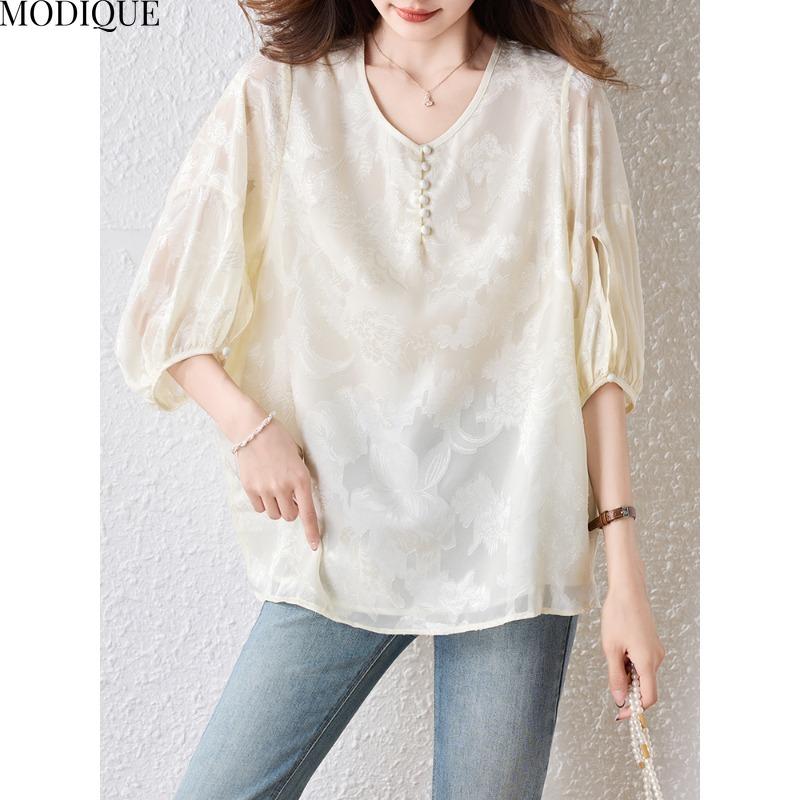MODIQUE Spring Summer Plus Size New Women Loose Vintage Solid Minimalist Blouse Shirts Female Casual Oversize Folk Short Sleeve O-Neck Top