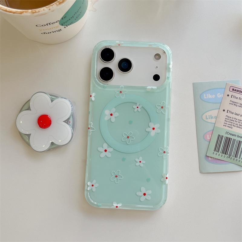 Mint Green & White Floral Magnetic Stand Case for iPhone 17/16 Pro Max/15 Pro