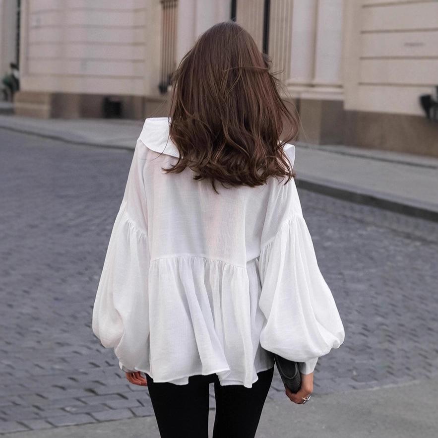 French commuter white doll collar lantern sleeve shirt women's medium and long 1116 autumn temperament loose wrinkle top