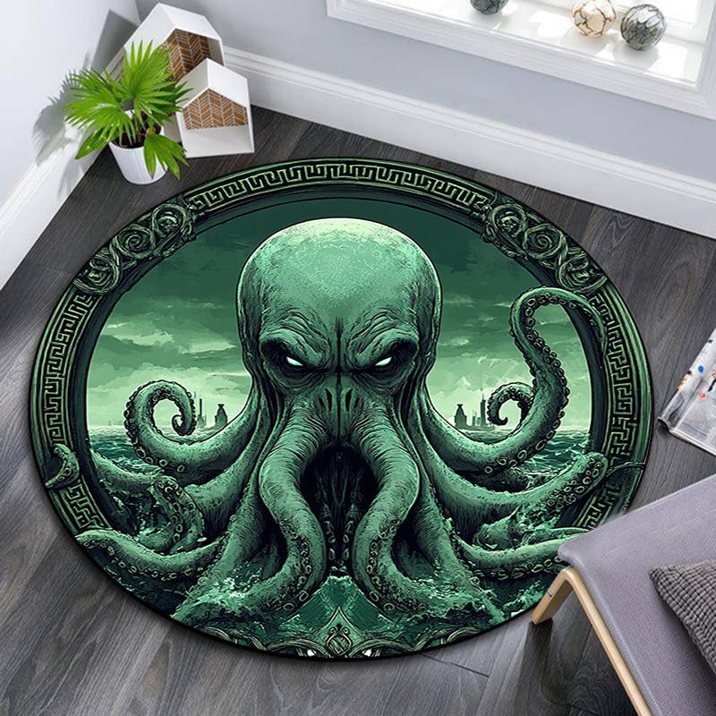 Green Octopus Round Area Rug,Carpet Rug for Living Room Bedroom Sofa Playroom Decor,Non-slip Floor Mat