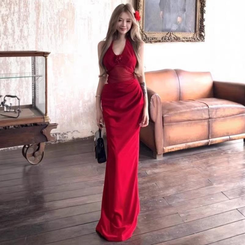 Red Flower Halter Neck Dress Women's Summer Dress Dress Pure Desire Slim Skirt Design Hip Wrap Long Dress
