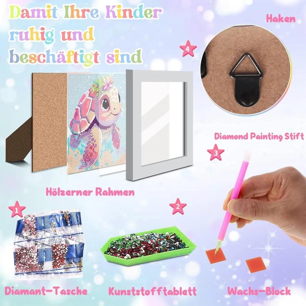 Turtle Diamond Painting Wooden Frame, 5D Diamond Painting for Children and Girls, DIY Craftsmanship Home 18x18cm