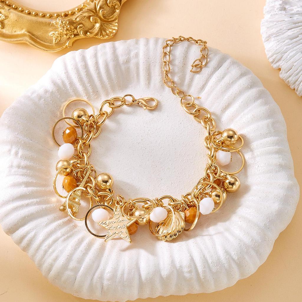Retro Star Pearl Crystal Multi-Layer Bracelet with Heart & Round Ball Charms
